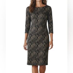 Sharagano Black and Tan Bodycon Geometric Midi Dress Size 10